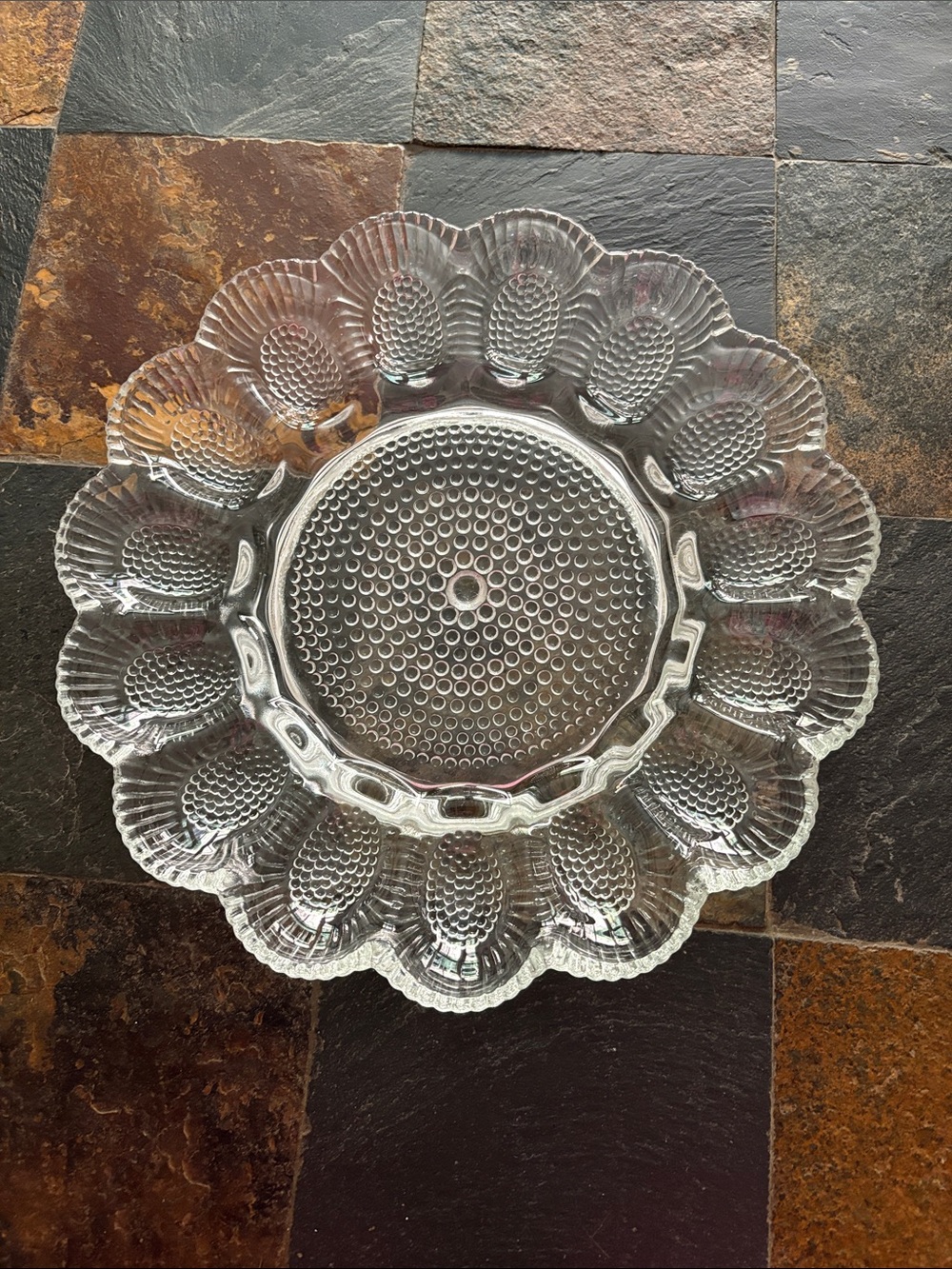 Vintage Hob Knob Glass Decorative Deviled Egg Platter, Elegant Petal Design